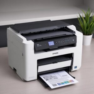 Ilustrasi tangan sedang membersihkan area internal printer Epson L3210 dengan kain lembut, fokus pada area cartridge dan roller, dengan background printer dan dokumen yang dicetak.