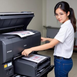 Ilustrasi tangan sedang membersihkan print head printer Epson dengan kapas dan cairan pembersih, menunjukkan proses perawatan manual.