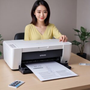 Ilustrasi tangan sedang membuka penutup printer Epson L3210 untuk memeriksa kertas yang nyangkut. Ada lampu indikator printer yang menyala semua.