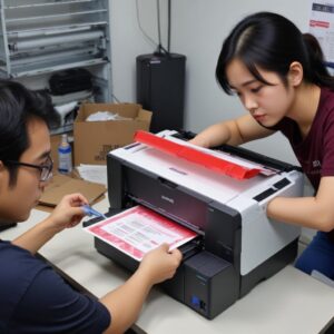 Ilustrasi tangan sedang membuka penutup printer Epson L3210 untuk memeriksa area waste ink pad, dengan lampu merah printer berkedip di latar belakang.