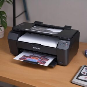 Ilustrasi tangan sedang membuka tangki tinta printer Epson L3210 dengan lampu indikator tinta menyala, menunjukkan ekspresi sedikit bingung namun optimis. Lingkungan bersih dan modern.