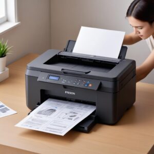 Ilustrasi tangan sedang menarik kertas yang macet dari dalam printer Epson L3210 dengan hati-hati.