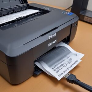 Ilustrasi tangan sedang mencabut dan memasang kabel USB printer Epson L3210, dengan ikon error driver di layar komputer di latar belakang.