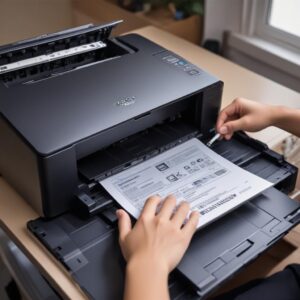 Ilustrasi tangan sedang mencabut dan memasang kabel USB dari printer Epson L3210 ke laptop, dengan notifikasi error komunikasi di layar laptop.