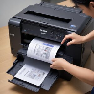 Ilustrasi tangan sedang mengecek bagian dalam printer Epson yang terbuka untuk mencari kertas yang nyangkut.