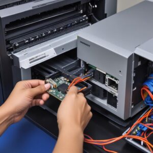 Ilustrasi tangan sedang mengecek kabel-kabel koneksi di belakang printer dan komputer, menunjukkan langkah troubleshoot sederhana.