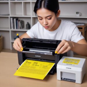 Ilustrasi tangan sedang mengecek level tinta kuning pada tabung printer Epson L3210 yang terintegrasi, dengan gelembung udara terlihat di selang tinta.