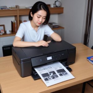 Ilustrasi tangan sedang mengecek tangki tinta printer Epson L3210 yang error lampu berkedip bersamaan.