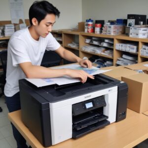 Ilustrasi tangan sedang mengeluarkan kertas macet dari printer Epson L3210 dengan hati-hati, latar belakang meja kerja yang rapi.