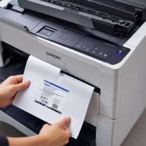 Ilustrasi tangan sedang mengeluarkan kertas yang macet dari dalam printer Epson dengan hati-hati.