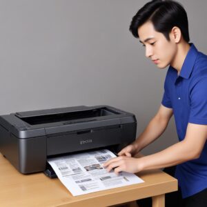 Ilustrasi tangan sedang menginstal ulang driver printer Epson L3210 di layar komputer, dengan ikon unduhan dan instalasi yang jelas.