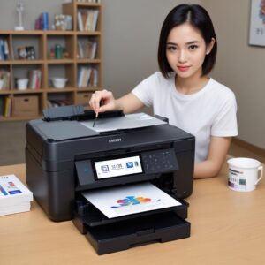 Ilustrasi tangan sedang mengisi tinta ke tangki printer Epson L3210 yang menampilkan beberapa tabung tinta berwarna dan label CMYK.