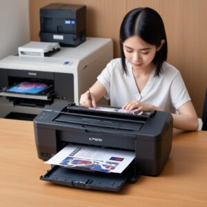 Ilustrasi tangan sedang mengisi tinta ke tangki printer Epson L3210 dengan botol tinta original, suasana cerah dan modern.