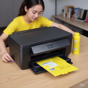 Ilustrasi tangan sedang mengisi tinta kuning ke tangki printer Epson L3210 dengan botol tinta yang sesuai, menunjukkan proses yang bersih dan rapi.