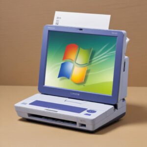 Ilustrasi tangan sedang mengklik tombol download di layar komputer Windows XP yang menampilkan logo Epson L3210. Gaya modern dan bersih.