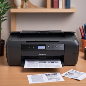 Ilustrasi tangan sedang mengklik tombol download di layar komputer dengan latar belakang printer Epson L3210 yang berkedip.