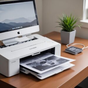 Ilustrasi tangan sedang mengkoneksikan kabel USB printer Epson L3210 ke port USB di MacBook Pro. Tampilan layar MacBook menunjukkan jendela