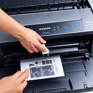 Ilustrasi tangan sedang menjalankan fungsi Nozzle Check dari layar komputer pada printer Epson L3210, menunjukkan pola cetak yang bergaris.