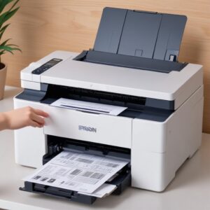 Ilustrasi tangan yang sedang menekan tombol di panel kontrol printer Epson L3210 untuk mencetak lembar status jaringan, dengan fokus pada kertas yang keluar menampilkan IP address.