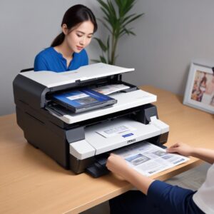 Ilustrasi tangan yang sedang menempatkan dokumen di kaca scanner printer Epson L3210, dengan antarmuka aplikasi Epson Scan Smart di layar komputer di latar belakang. Fokus pada proses scanning yang mudah.