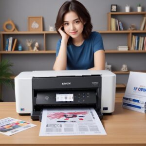 Ilustrasi tangan yang sedang mengklik tombol download di layar komputer, dengan ikon printer Epson L3210 di sudut. Komputer terlihat modern dengan tampilan website resmi Epson.
