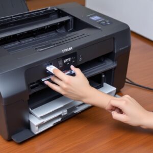 Ilustrasi tangan yang sedang menyambungkan kabel USB dari printer Epson L3210 ke port USB di komputer, dengan background printer yang sedang menyala.