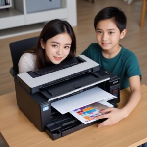 Ilustrasi tangki tinta printer Epson L3210 yang terisi penuh dengan warna-warni tinta, dengan gelembung udara kecil yang terlihat di selang tinta.