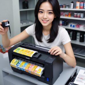 Ilustrasi tangki tinta printer Epson yang sedang diisi dengan botol tinta anti-tumpah, menonjolkan fitur pengisian yang mudah dan bersih.