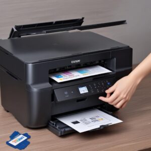Ilustrasi teknisi atau pengguna sedang membersihkan atau mengganti waste ink pad dari printer Epson L3210 yang terbuka. Fokus pada komponen internal dan waste ink pad.