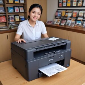 Ilustrasi teknisi printer profesional sedang memeriksa bagian dalam printer Epson L3210 yang terbuka, dengan berbagai alat di mejanya.