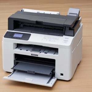 Ilustrasi tumpukan berbagai jenis kertas (HVS, glossy, matte, stiker) di samping printer Epson L3210 yang sedang mencetak. Kertas-kertas menunjukkan ikon-ikon kecil yang mewakili jenis cetakan yang cocok (dokumen, foto, label).