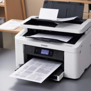 Ilustrasi visual tangan sedang menarik kertas yang terjebak di dalam printer Epson L3210, dengan latar belakang pesan error'paper jam' di layar komputer.