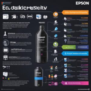Infografis sederhana yang menampilkan keunggulan teknologi Epson EcoTank: botol tinta besar, biaya per halaman rendah, dan proses isi ulang yang mudah. Warna cerah dan ikon menarik.