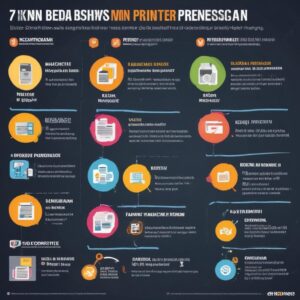 Infografis visual yang menampilkan 7 ikon berbeda, masing-masing merepresentasikan keuntungan sewa printer bulanan (misalnya, dompet dengan tanda centang untuk hemat biaya, kunci pas untuk perawatan, awan dengan panah ke atas untuk upgrade).