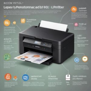 Infografis yang menunjukkan printer Epson L3210 yang terhubung ke laptop melalui kabel USB, dengan ikon tanda centang hijau pada koneksi yang benar dan ilustrasi singkat langkah-langkah pemecahan masalah seperti memeriksa daya dan level tinta.