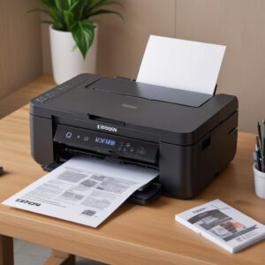Kompilasi gambar fitur-fitur unggulan Printer Epson L3210 seperti tangki tinta EcoTank, kemampuan multifungsi (cetak, scan, copy), dan hasil cetakan berkualitas tinggi. Desain minimalis dan modern.