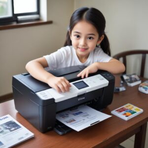 Kompilasi gambar kecil yang menampilkan fitur multifungsi Epson L3210: mencetak dokumen, menyalin KTP, dan menscan foto keluarga, menyoroti fleksibilitasnya sebagai alat sehari-hari.