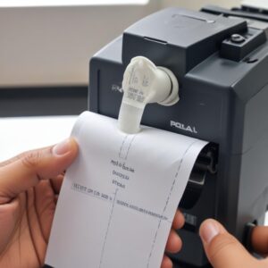 Pola hasil cetak Nozzle Check pada kertas putih, menunjukkan perbandingan pola yang sempurna dan pola yang bergaris atau putus-putus.