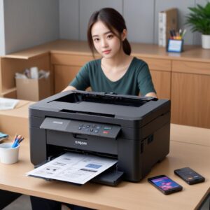 Printer Epson L3210 Ink Tank di atas meja kerja yang rapi, dengan smartphone di sampingnya menampilkan aplikasi Epson Smart Panel.