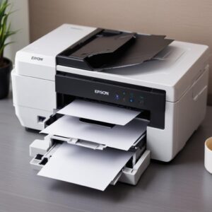 Printer Epson L3210 mencetak dengan lancar, kertas keluar dari printer tanpa hambatan, dengan senyum puas dari pengguna.