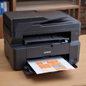 Printer Epson L3210 mencetak selembar dokumen berwarna dengan kualitas tinggi, dengan asap tipis keluar dari baki keluar kertas, menunjukkan aktivitas pencetakan. Di samping printer, ada tumpukan buku dan pulpen, memberikan kesan lingkungan kerja yang produktif.