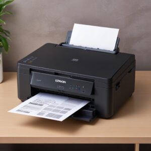 Printer Epson L3210 menyala dengan normal, lampu indikator berwarna hijau terang, dan seseorang tersenyum lega sambil memegang secangkir kopi.