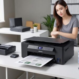 Printer Epson L3210 sedang mencetak dokumen dengan latar belakang monitor komputer yang menampilkan desktop Windows XP, dengan hasil cetakan yang rapi dan jernih.
