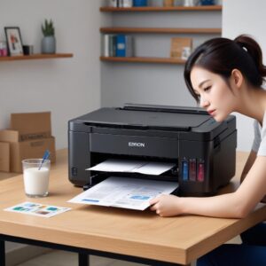 Printer Epson L3210 sedang mencetak dokumen dengan rapi, di sampingnya ada botol tinta Epson EcoTank.