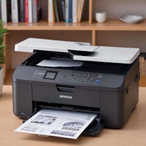 Printer Epson L3210 yang baru dibersihkan, mencetak selembar kertas dengan hasil cetakan yang sempurna dan jernih.