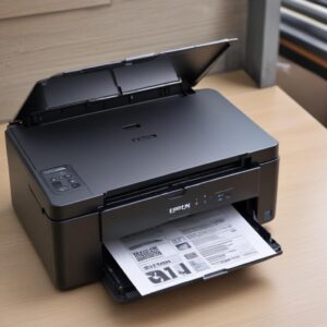 Printer Epson L3210 yang berfungsi normal, mencetak dokumen dengan lancar, dengan senyum puas di wajah seseorang yang baru saja berhasil mereset printer sendiri. Ada tumpukan kertas hasil cetakan di sampingnya.