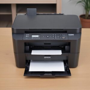 Printer Epson L3210 yang bersih dan berfungsi normal, sedang mencetak dokumen fotocopy, dengan ekspresi puas dari pengguna.