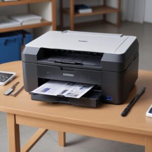 Printer Epson L3210 yang bersih dan berfungsi normal, sedang mencetak dokumen dengan lancar, dengan senyum puas dari pengguna yang sedang memegang hasil cetakan.
