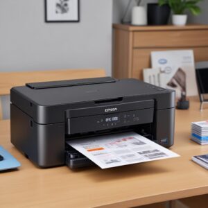 Printer Epson L3210 yang bersih dan terawat dengan set botol tinta EcoTank original di sampingnya, sedang mencetak halaman berwarna dengan hasil yang jernih, menggambarkan keawetan dan kualitas cetak.