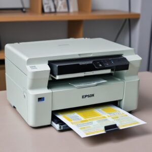 Printer Epson L3210 yang menyala normal dengan lampu indikator hijau, di samping tumpukan kertas bersih dan dokumen yang sudah tercetak, melambangkan keberhasilan mengatasi masalah dan printer siap digunakan kembali.